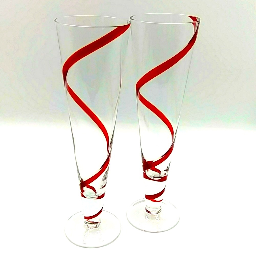 2 Pier 1 Pilsner Red Swirline Tall Glasses